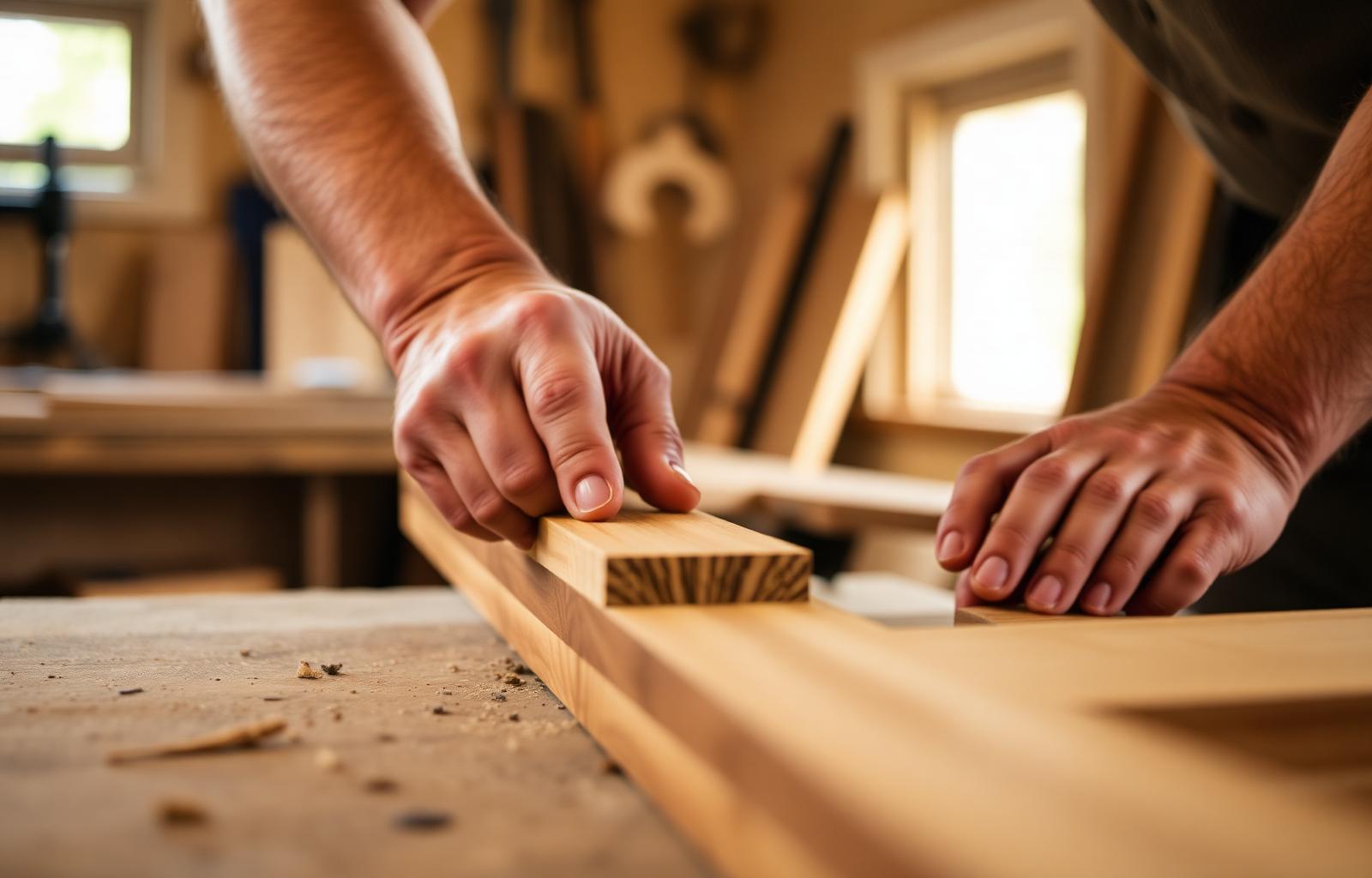 Handwerker bearbeitet Holz in der Werkstatt