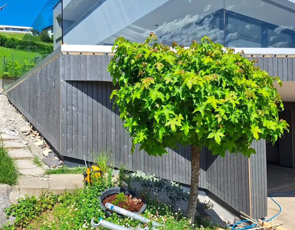 Anthrazit-Holzfassade an Hanglage mit Glasbalkon